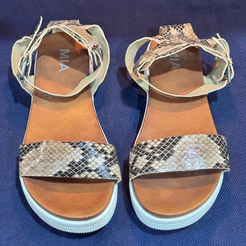 MIA Tan Snake-Print Ankle Strap Platform Sandals